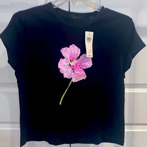 Women's Black with Beaded Pink Flower Tee NWT